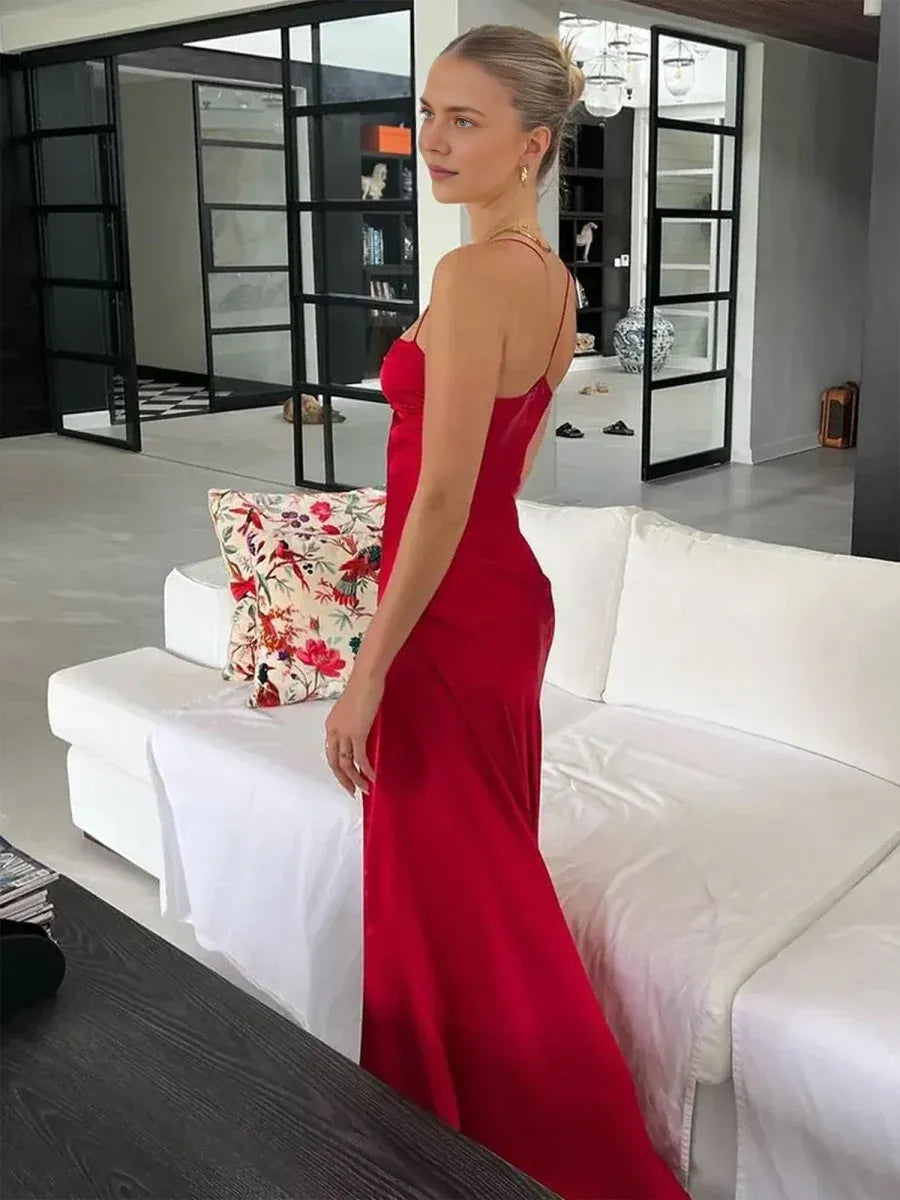 Elegant Spaghetti Strap Ruched Satin Maxi Dress with Side Slit Prom Dress